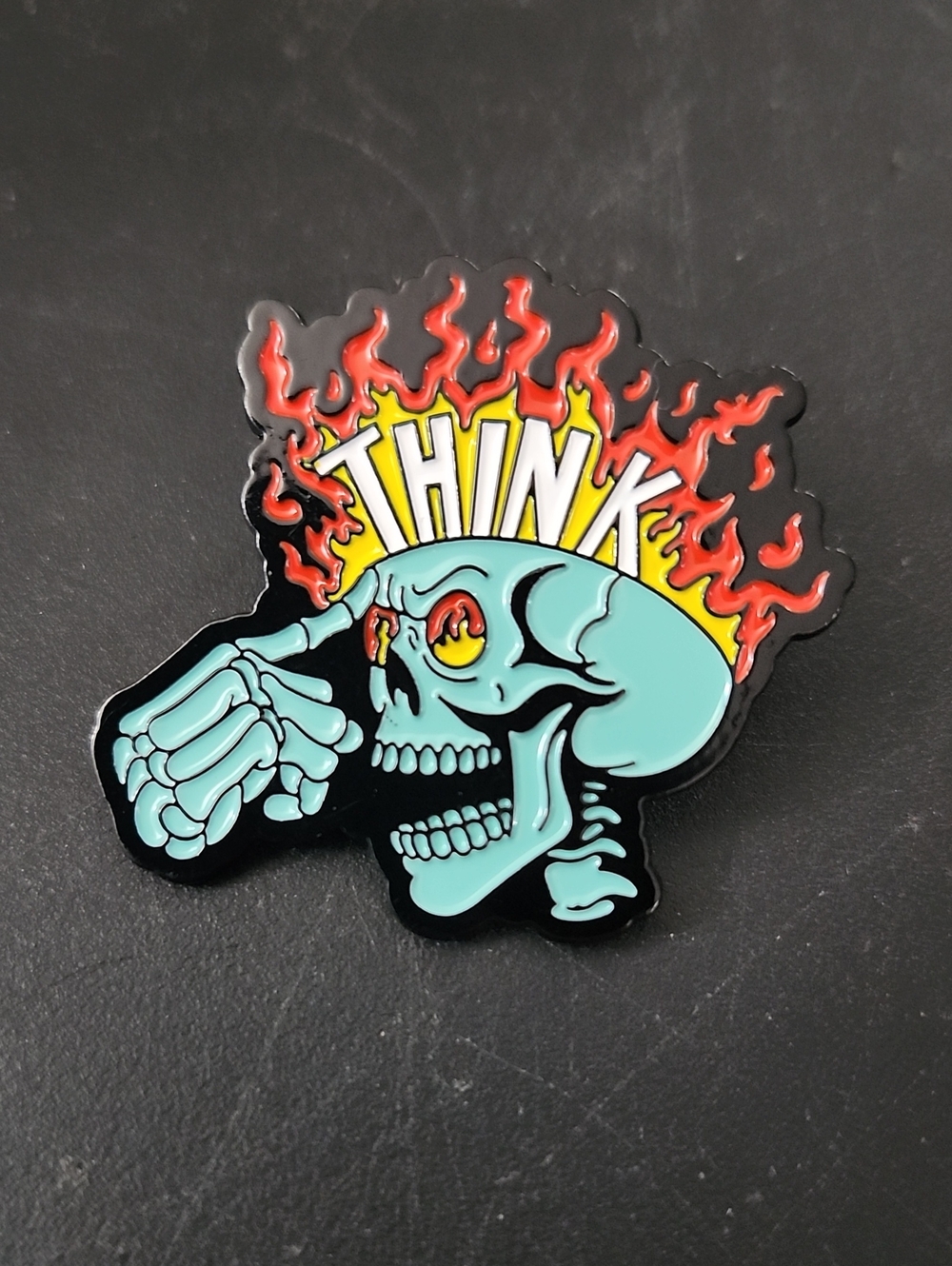 Think Skull Flame Enamel Pin - Teal, Red & Yellow